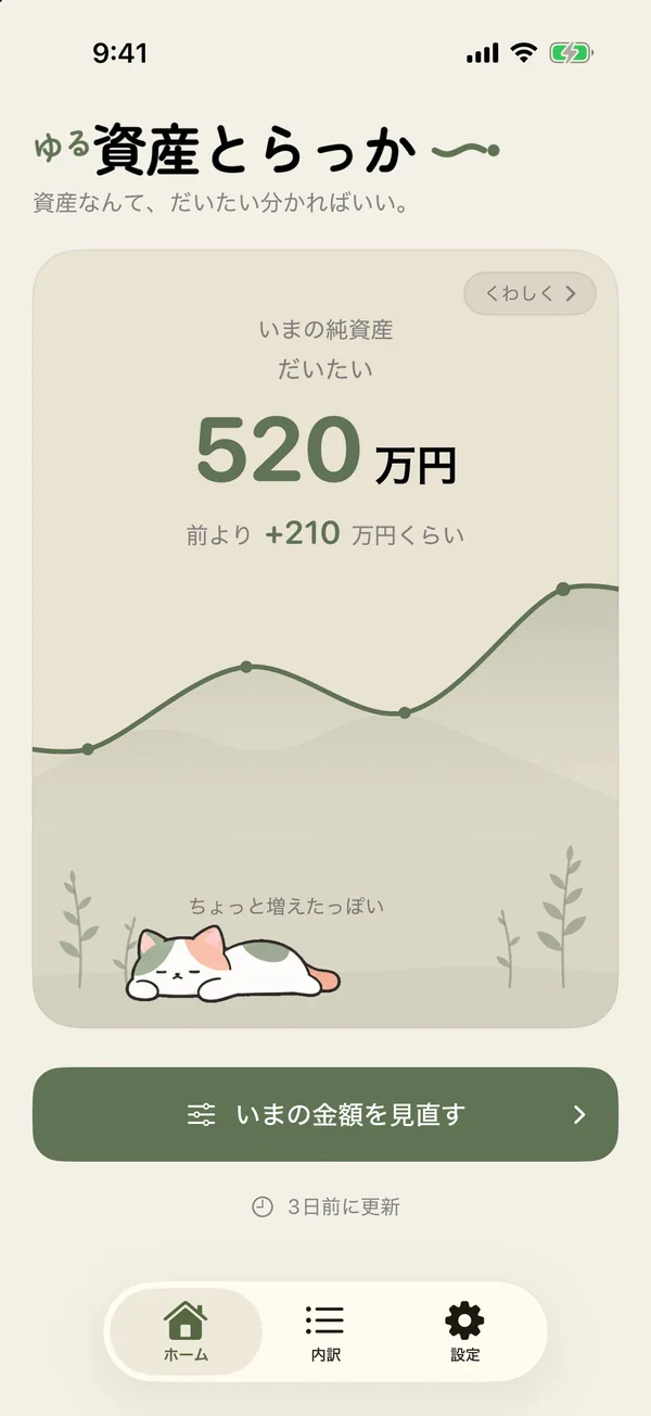 ホーム画面。いまの純資産がだいたい520万円、前より+210万円くらいと表示され、丘のような線の下でねこが寝ている